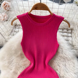 greatnfb  Summer Knitted Bodycon Sexy Dress 2024 O Neck Sleeveless Ruffled Party Sundress High Street Elastic Slim Short Dress