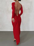 Backless Maxi Dress Elegant Red Long Sleeve Sexy Ruched Bodyocn Evening Party Dress for Women Spring Slim Christmas Outfits