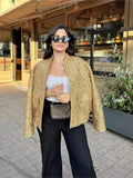 Chic Shinny Sequin Women Cropped Jacket Stand Collar Long Sleeve Lady Solid Coat 2023 Autumn New Female Gold Street Overcoat