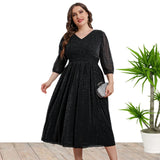 Plus Size V Neck 3/4 Lantern Sleeve Party Midi Dress For Women