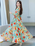 2023 Beach Floral Chiffon Midi Dress Women Luxury Elegant Spring Summer Korean Fashion Casual Bodycon Party Evening Long Dresses