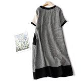 Limiguyue Summer O-Neck Short Sleeve Patchwork Dress Women Vintage Loose Cotton Linen Dresses Knee Length Contrast Color U708