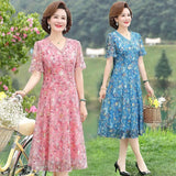 Women Summer Casual Dress Ladies Middle-aged Print Short Sleeve Pleated Dresses Female Vintage V-neck Vestidos