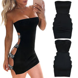 New Womens Sexy Tube Tops Pencil Dress Fashion Solid Color Rhinestone Hollow Skinny Short Dress Street Style Black Chic XS-L