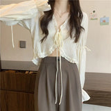 greatnfb  Sweet Ruffle Lace Up Cardigan Women Summer Long Sleeve Sunscreen Jacket Woman Candy-color Chiffon Crop Tops