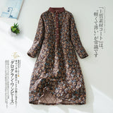 Cotton-padded Dresses Korean Style Women Winter Warm Outwear Thickened Cotton Linen Floral Printed Dress