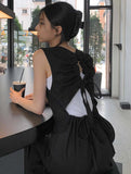 greatnfb  Summer Drawstring Open Back Cotton Linen Black Sleeveless Dress Women Vest Maxi Sexy Casual Vestido De Mujer Lace Up