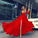 Cocktail Dresses For Women 2024 Elegant Classy Solid Color Long Sleeve V Neck Maxi Red Dress Vintage Formal A-Line Prom Dress