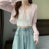 greatnfb  Summer Thin Outerwear Sun Protection Cardigan Ice Silk Knit Women Tops Bow Lace Up Short Suspender Skirt Shawl Airable Shirt