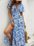 2024 Spring/Summer New Women's Blue Comfortable and Casual Beach Skirt Bohemian Print Fashion Sexy V-neck Short Sleeve Dress