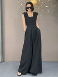 2024 Long Jumpsuits Women Black Trendy Loose Retro Summer Feminine Office Sleeveless Simple Elegant Solid Evening Dress lady