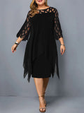 Elegant Midi Party Dress For Chubby Women Xxl O Neck Lace Sleeve Hollow Out Solid Sexy Women'S Clothing  Evening Dresses