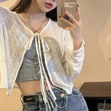 greatnfb Woman T-shirt Summer Thin Bow Solid Color Short Thin Womens Cardigan Korean Fashion Casual Sun Protection 2024 Top Women Clothin