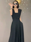 2024 Long Jumpsuits Women Black Trendy Loose Retro Summer Feminine Office Sleeveless Simple Elegant Solid Evening Dress lady