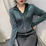 Autumn Jacket Women New Glitter Sequined Short Jacket Female Fashion Long Sleeve Design Sense Sexy Bottoming Shirt