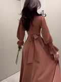 Long Dress New in Spring Fashion Satin Long Sleeves Elegant Robe Dress with Waist High Neck for Women's Commuting Evening Dress