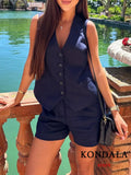 KONDALA Casual Linen Women Suits 2 Pieces V Neck Buttons Vest Blazer+High Waist Wide Leg Shorts Fashion 2023 Summer Vintage Sets