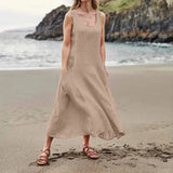 Vacation camisole sleeveless vest dress for women's summer design, niche, loose cotton linen and solid color beach long dress