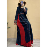 greatnfb Women Vintage Embroidered Contrast Dress Linen Loose O-Neck Long Sleeve Dresses Spring New Chinese Style Clothes