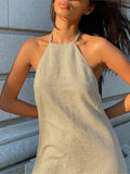 Cotton And Linen Backless Mini Halter Dress Solid Sleeveless Back Zipper Dress For Women Summer Vacation Short Dresses