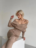 Sexy Off Shoulder Knitted Two Piece Set Women Long Sleeve Sport Tracksuit 2 Piece Sweater Pants Suits Matching Sets For Women