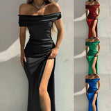 greatnfb Women's Formal Dresses Fashion Solid Color Off Shoulder Satin Slim Side Slit Midi Dress Elegant Party Evening Dress For Women