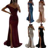 Solid Color Long Sleeve Dress Elegant Sequin V-neck Maxi Dress for Evening Party Prom Off Shoulder Slim Sexy Split Long Dress