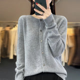 greatnfb Women 100% Merino Wool Sweater New Round Collar Solid Color Knitted Cardigan Autumn Winter Casual Soft Jacket Bottoming Slim Top