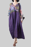 Cotton Linen Dress for Women Purple Half Sleeve V Neck Pattern Print Vintage Casual Pleated A-Line Patchwork Summer Midi Dress