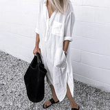 greatnfb  Summer New Mid-length Shirt Dress Women Cotton Linen Pockets Lapel Neck Button A-Line Dress Solid Streetwear Casual Thin Dresses