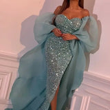 2023 new Hot Sale sexy mesh wrap sheath prom evening dress Deep V Neck Long Sleeve Side Slit Mermaid Evening Dress