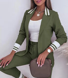 greatnfb Women's Spring Double Breasted Blazer Office Pantsuit Striped Notched Collar Blazer Coat Drawstring Pants Set 2 Piece Set Female