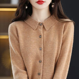 greatnfb Women's Lapel Pure Wool Cardigan Autumn And Winter New Merino Cashmere Sweater Long Sleeve Formal Knitting Top S-XXL