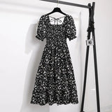 Spring Summer Short Sleeve Chiffon Dresses Fashion Female Elastic Waist Pleated Casual Dress Women A-line Dresses Vestidos