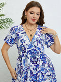 Plus Size Women Flower Print V-Neck A-Line Dresses Elegant Ruffle Short Sleeves Party Robe Casual Lady Vacation Large Size Cloth