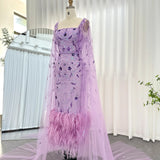 Sharon Said Dubai Luxury Feathers Lilac Evening Dress with Cape Sleeves Ankle Length Midi Arabic Women Wedding Party Gowns SS381