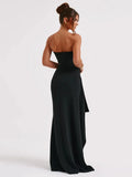 Mozision Strapless Backless High Split Maxi Dress For Women Black Off-shoulder Sleeveless Bodycon Club Party Long Dress Clothes