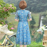 Women Summer Casual Dress Ladies Middle-aged Print Short Sleeve Pleated Dresses Female Vintage V-neck Vestidos