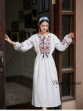 Fashion Summer and Autumn Dress Pattern Embroidery Cotton Linen White Skirt Holiday Three-quarter Sleeve Long Skirt Party