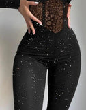 Sexy Party Night Out Jumpsuit Women Elegance Plain Glitter Cold Shoulder Long Sleeve Contrast Lace Corset Skinny Jumpsuit