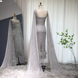 Sharon Said Luxury Feathers Dubai Formal Dresses for Women Wedding Party Bling Gray Mermaid Arabic Evening Dress with Cape SS279