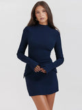 Mozision Dark Blue Two Pocket Sexy Mini Dress For Women  Autumn Winter New Long Sleeve Bodycon Club Party Dress Elegant