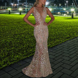 2021 Elegant Explosion Sequined Dress Sexy V-neck Party Pink High Waist Package Hip Floor-Length Dress Banquet Long Gown Dress