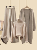 Autumn Winter Warm Knitwear Sets For Women Outfits Ladies Elegant Turtleneck Sweater+long Cardigan Jacket+wide Leg Pant Set 2023