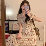 Rimocy Korean Fashion Chiffon Long Dress Women 2024 Summer Short Sleeve Floral Party Dress Woman V Neck Lace Up Midi Dresses