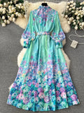 Gorgeous Holiday Flower Maxi Dress 2024 New Women's Stand Collar Long Lantern Sleeve Floral Print Belt Ruffles Robe Vestidos