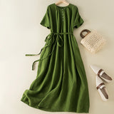 Limiguyue Green Cotton Linen Dress High Waist Summer Vintage O-neck Buttons Midi Long Dress Slim Loose Belt Elegant Vestidos