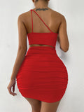 Sexy One Shoulder Hollow Out Mini Dress Sleeveless Backless Women Party Nightclub Bodycon Outfit Two Piece Set