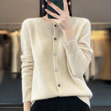 greatnfb Women 100% Pure Merino Wool Knitted Sweater Spring Autumn O-Neck First Line Seamless Top Cardigan Long Sleeve Cashmere Knitwear