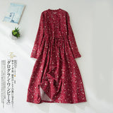 Cotton linen floral long-sleeved dress female fall new Korean version of the retro literary loose lacing Yankee long section dre